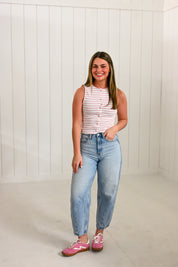 Pink Sleeveless High Neck Stripe Top