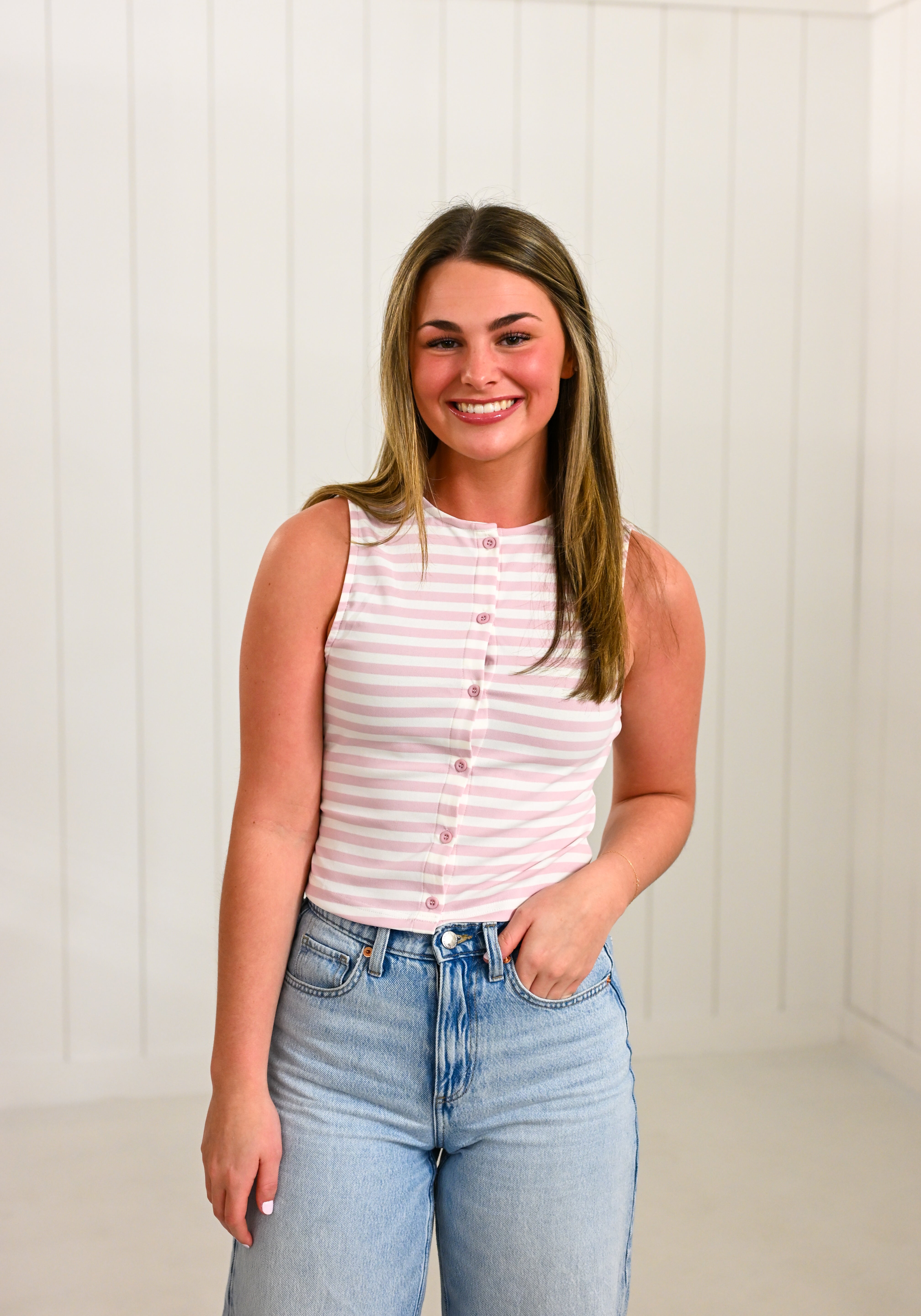 Pink Sleeveless High Neck Stripe Top