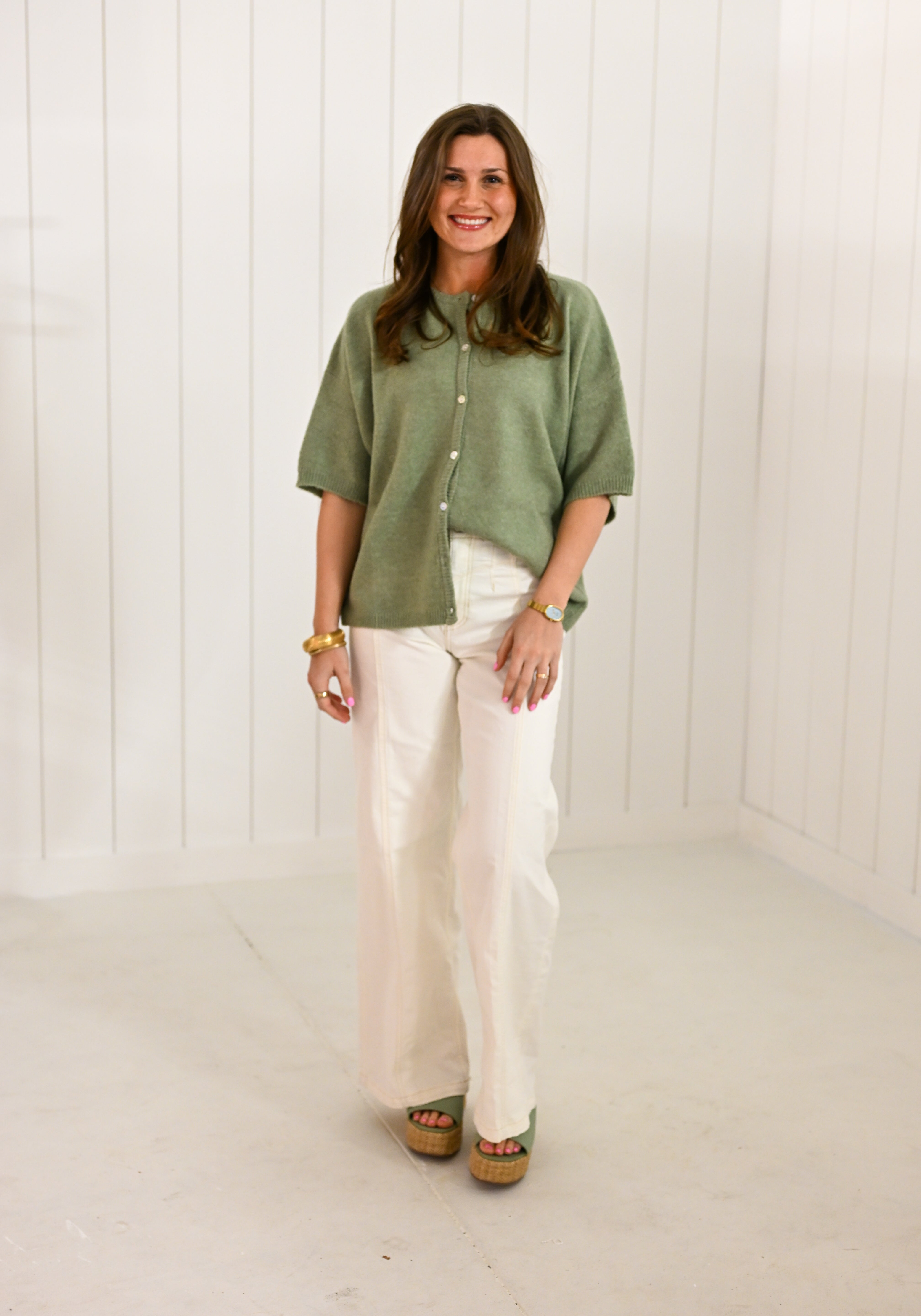 Green Short Sleeve Sweater Cardigan