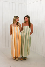 Orange & White Striped Pintuck Midi Dress