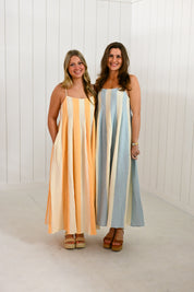 Blue & White Striped Cami Pintuck Midi Dress