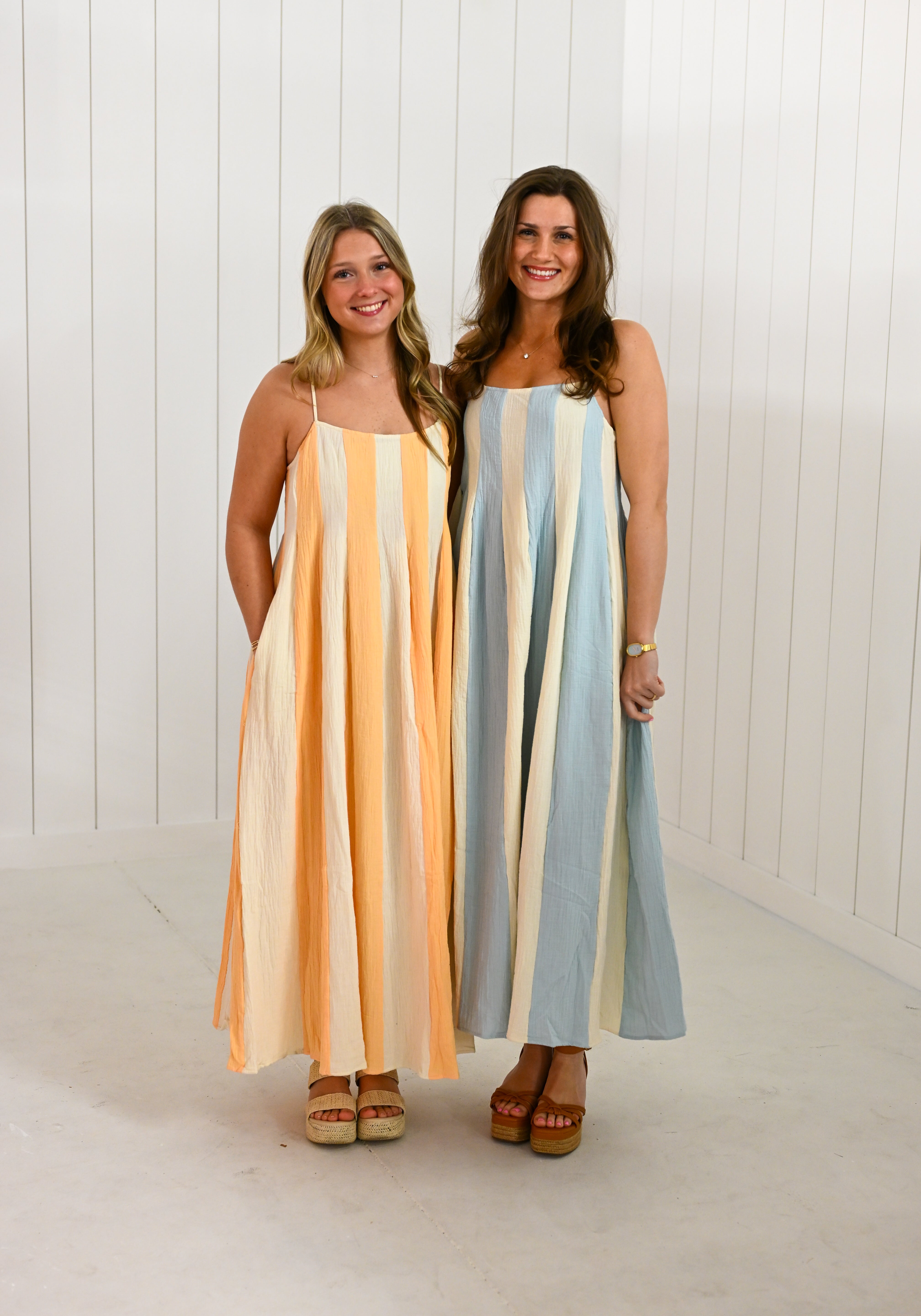 Blue & White Striped Cami Pintuck Midi Dress