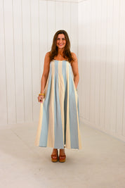 Blue & White Striped Cami Pintuck Midi Dress