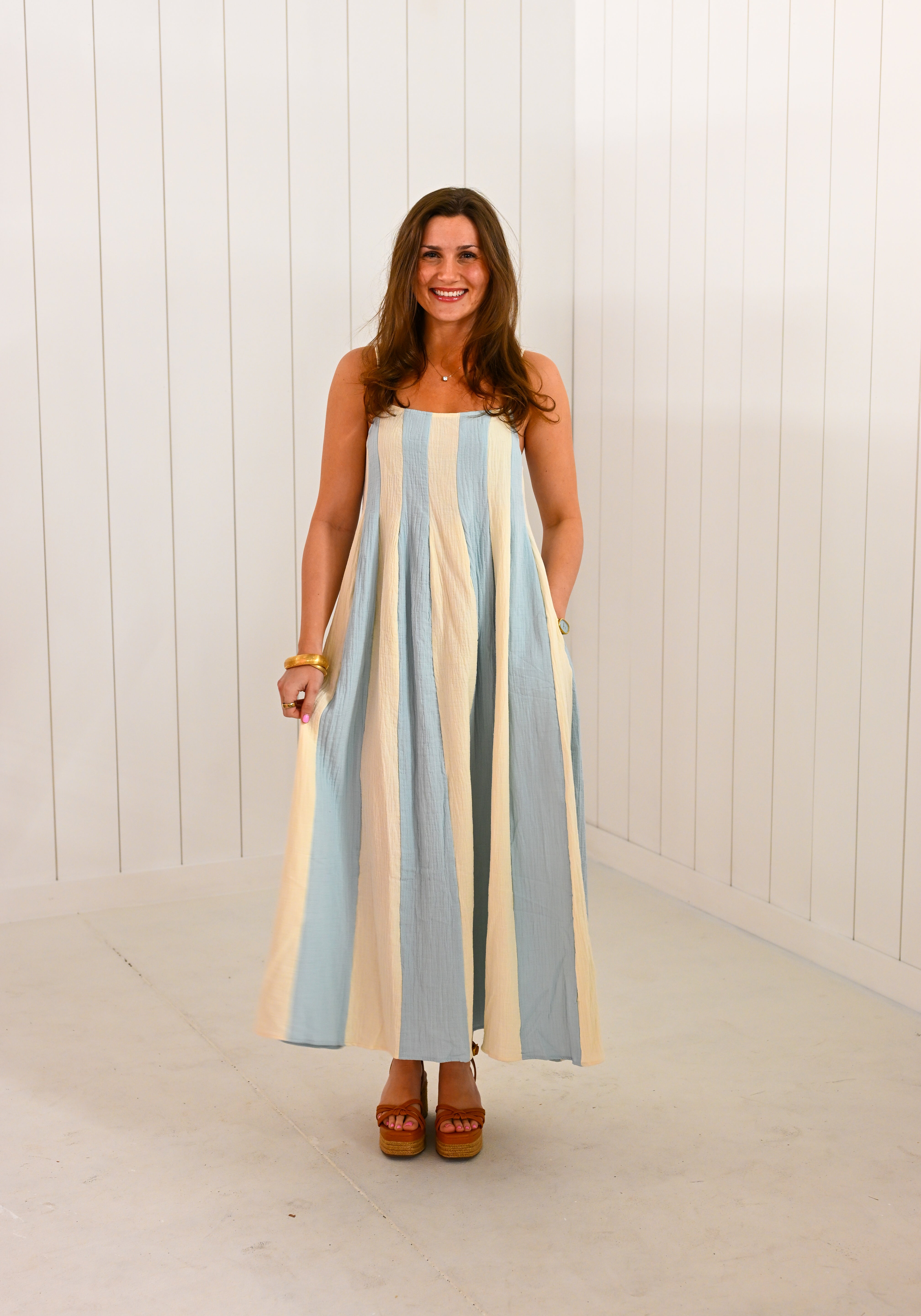 Blue & White Striped Cami Pintuck Midi Dress