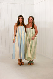 Blue & White Striped Cami Pintuck Midi Dress