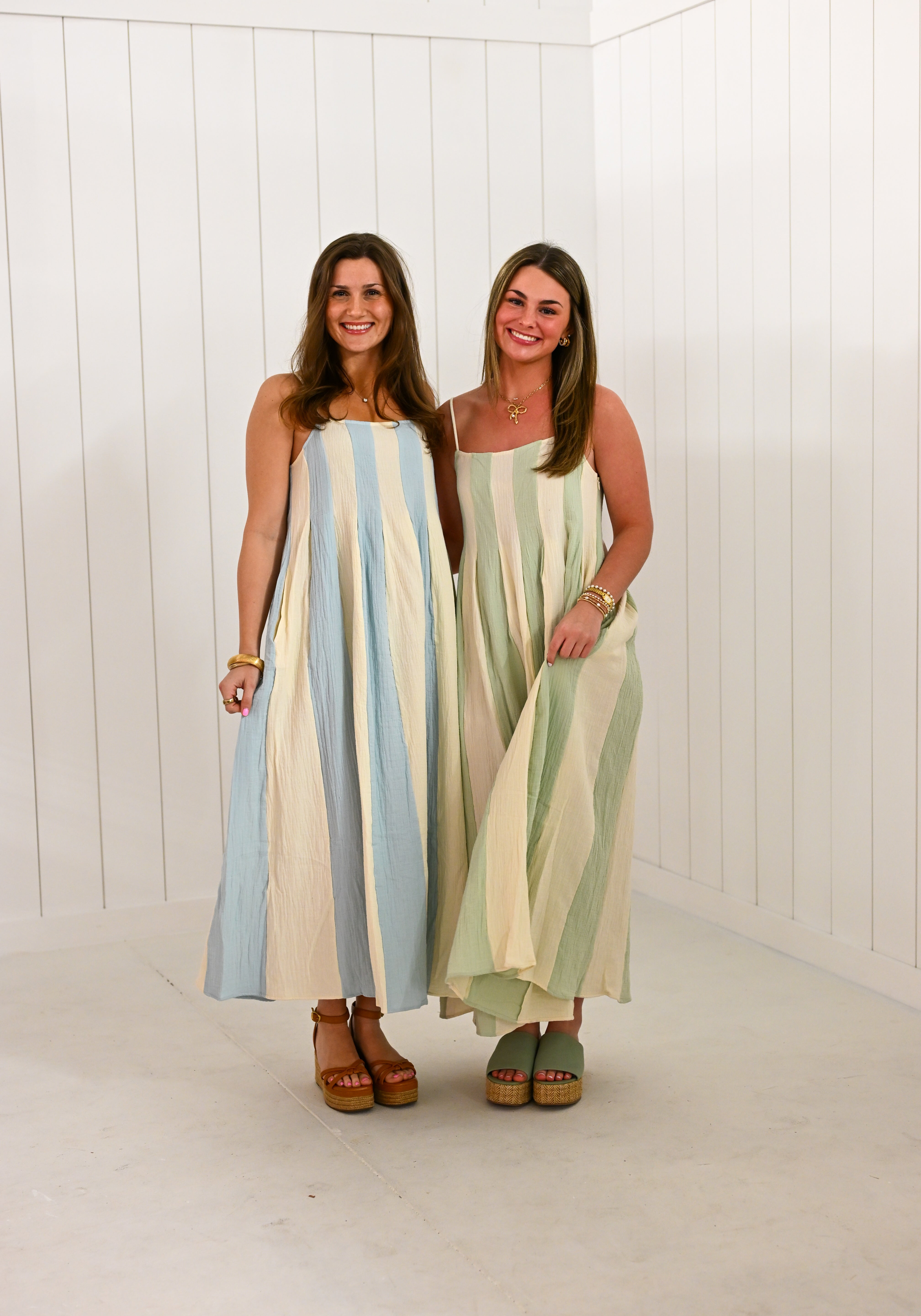 Blue & White Striped Cami Pintuck Midi Dress