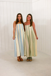 Mint & White Striped Cami Pintuck Midi Dress