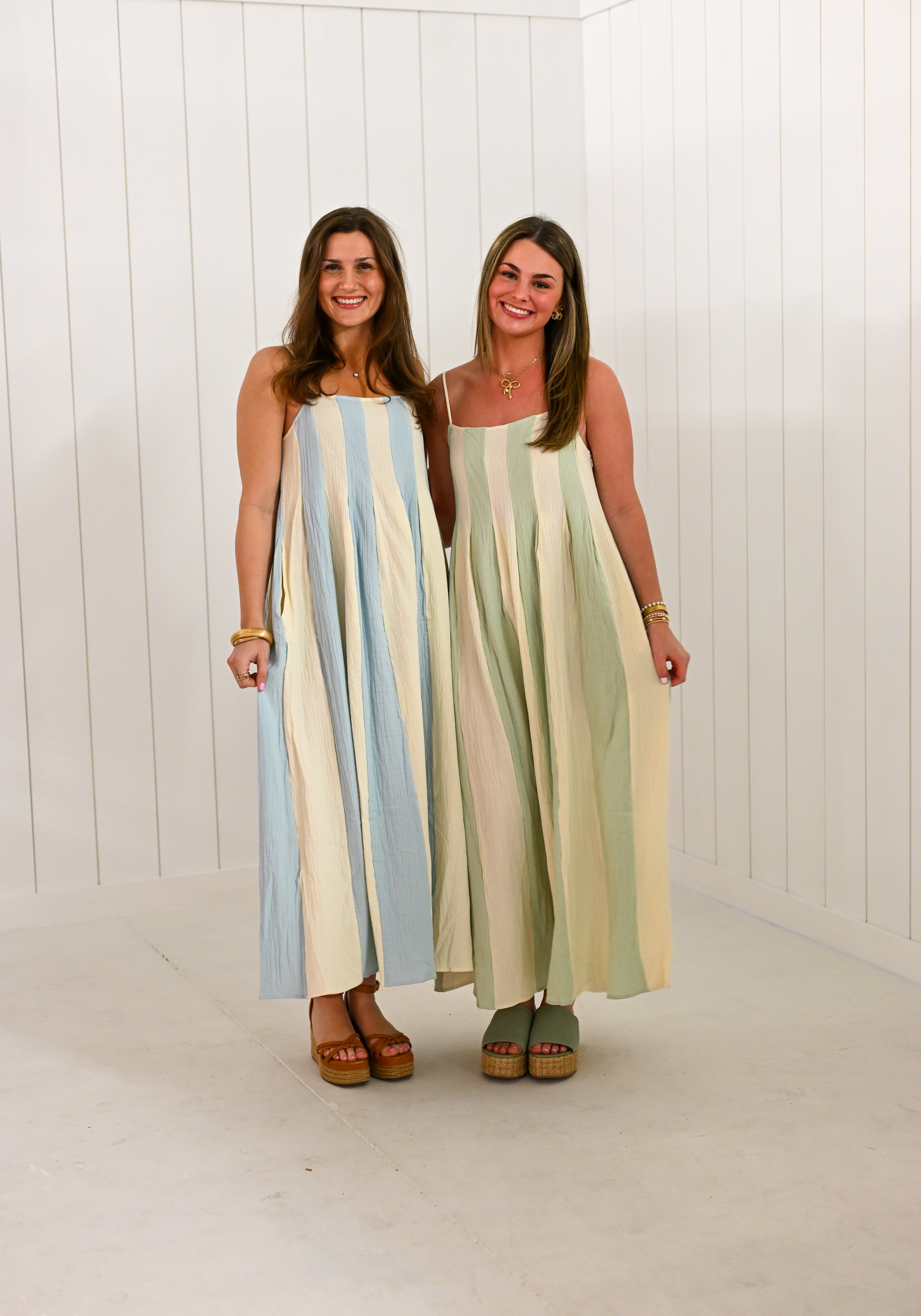 Mint & White Striped Cami Pintuck Midi Dress