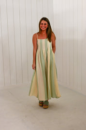 Mint & White Striped Cami Pintuck Midi Dress