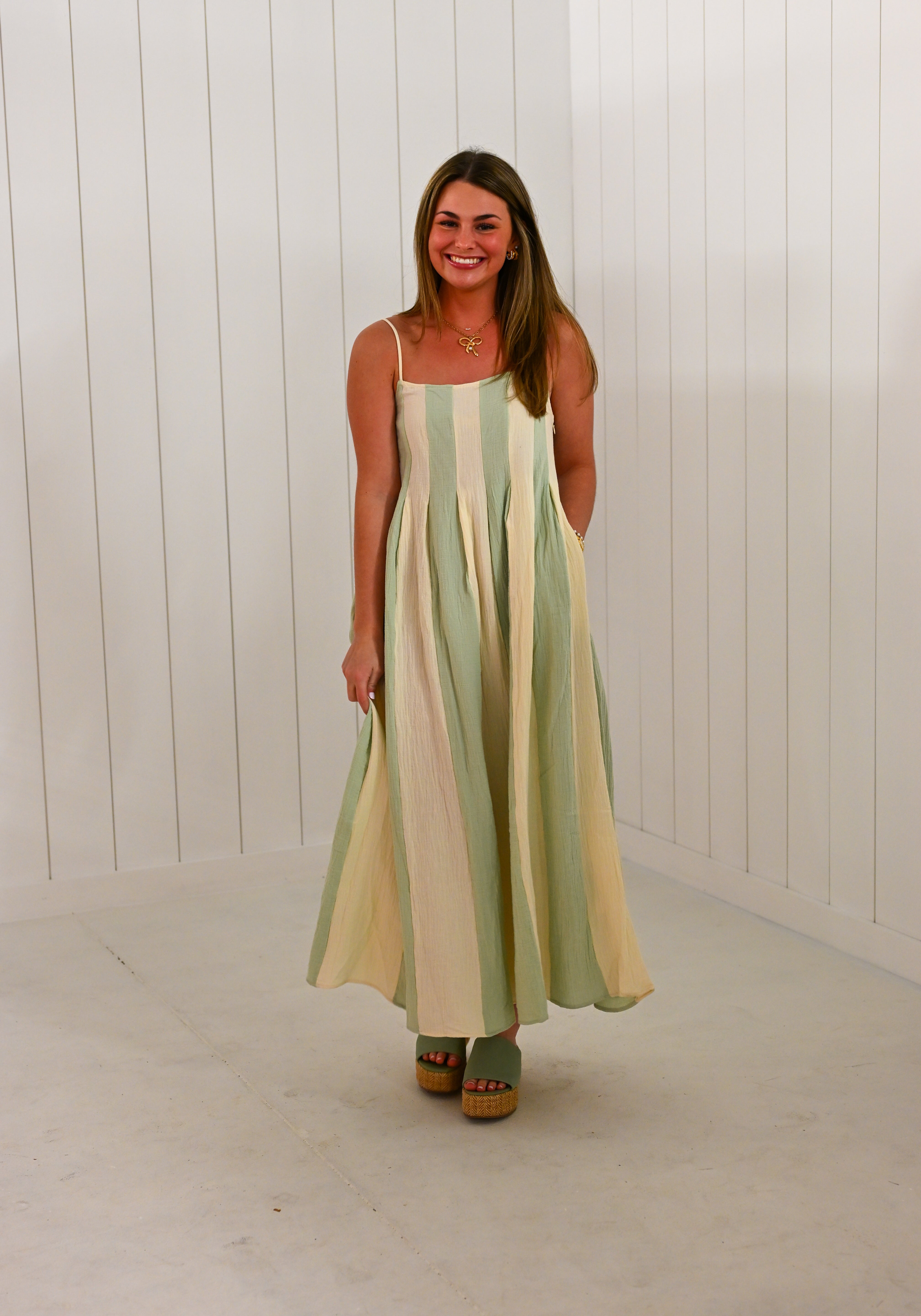 Mint & White Striped Cami Pintuck Midi Dress