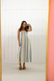 Blue & White Striped Cami Pintuck Midi Dress
