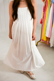 White Cotton Pleated Midi Dress