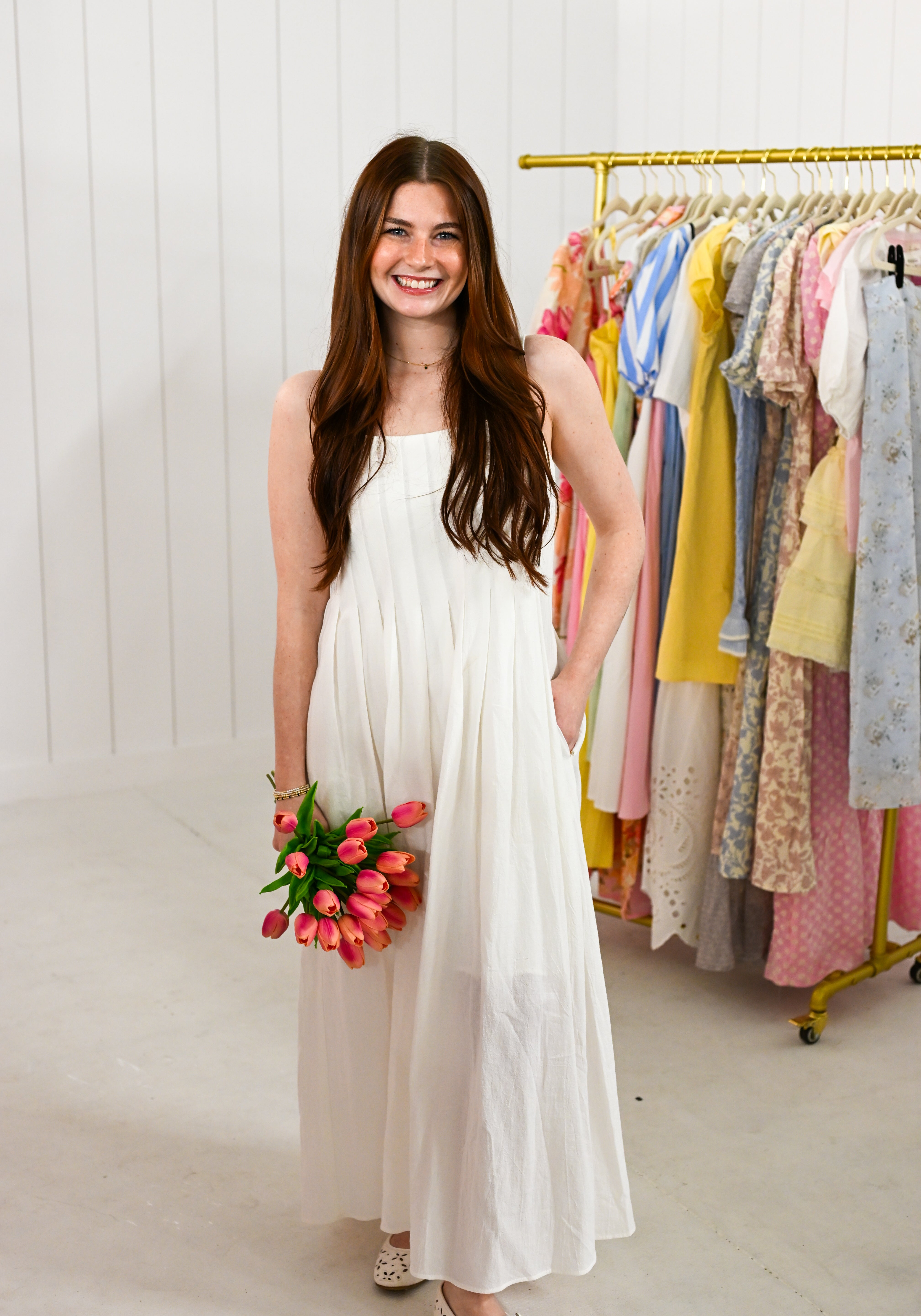 White Cotton Pleated Midi Dress