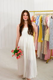 White Cotton Pleated Midi Dress