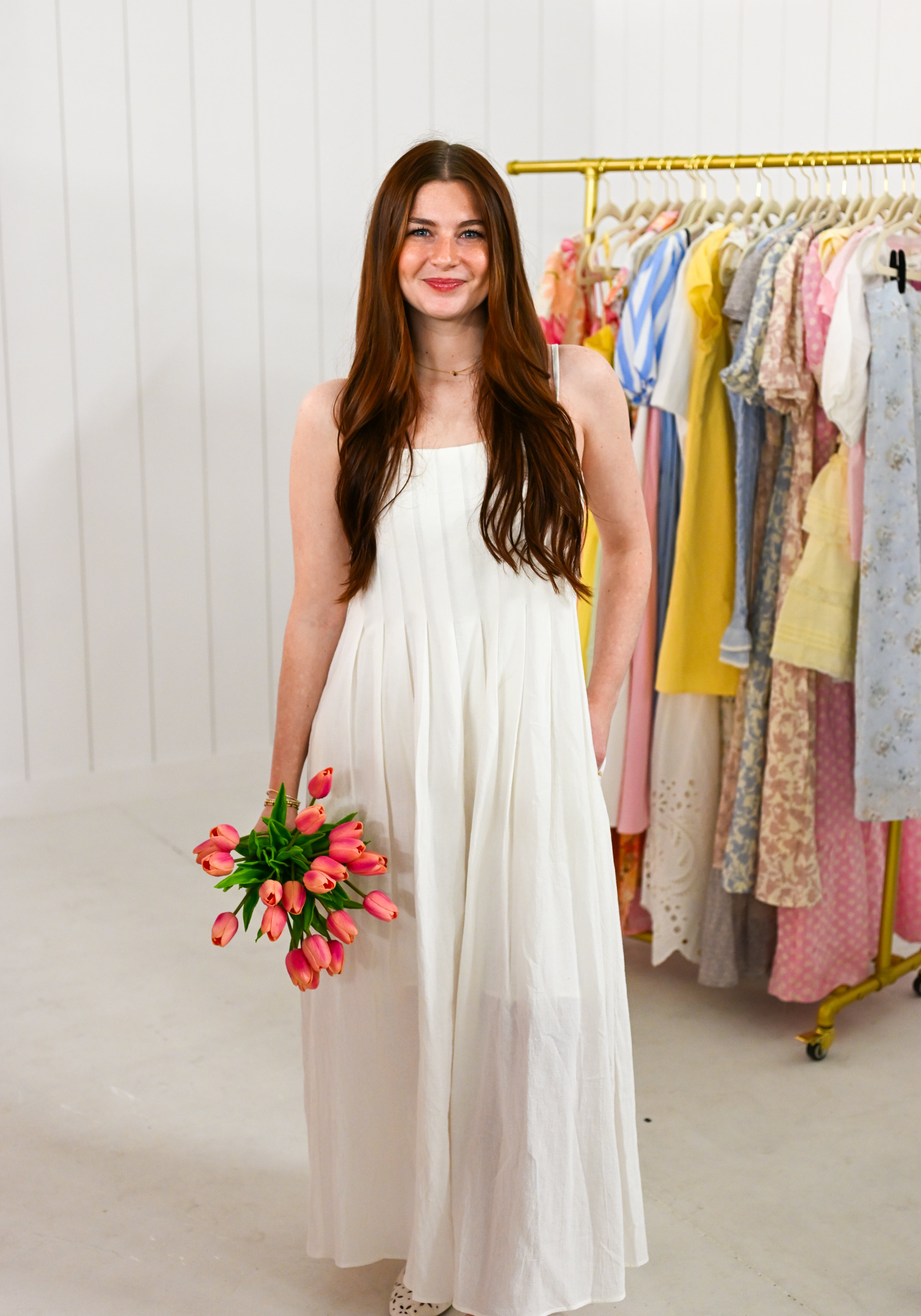 White Cotton Pleated Midi Dress