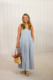 Blue Cotton Pleated Midi Dress