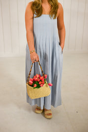 Blue Cotton Pleated Midi Dress