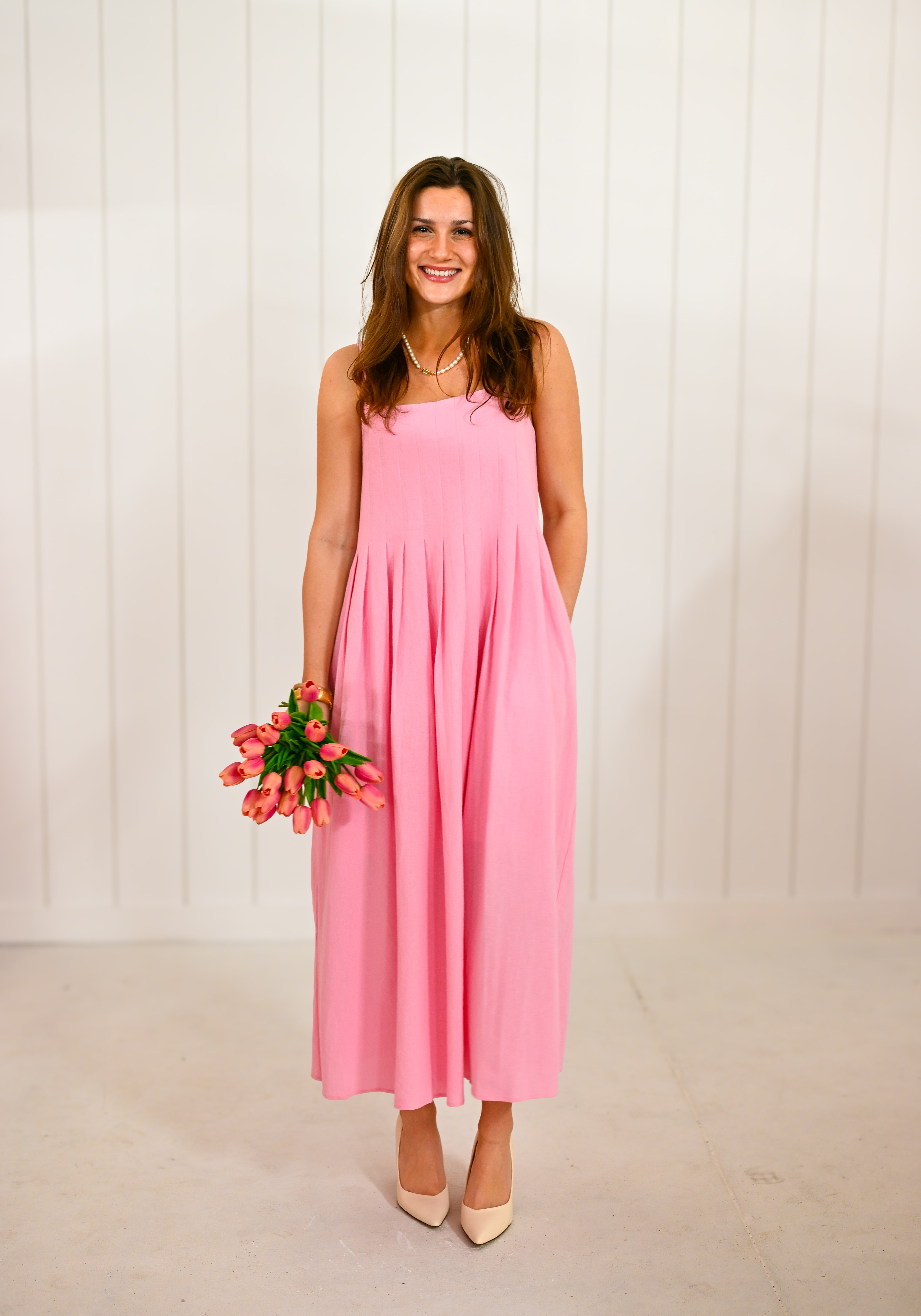 Pink Cotton Pleated Midi Dress