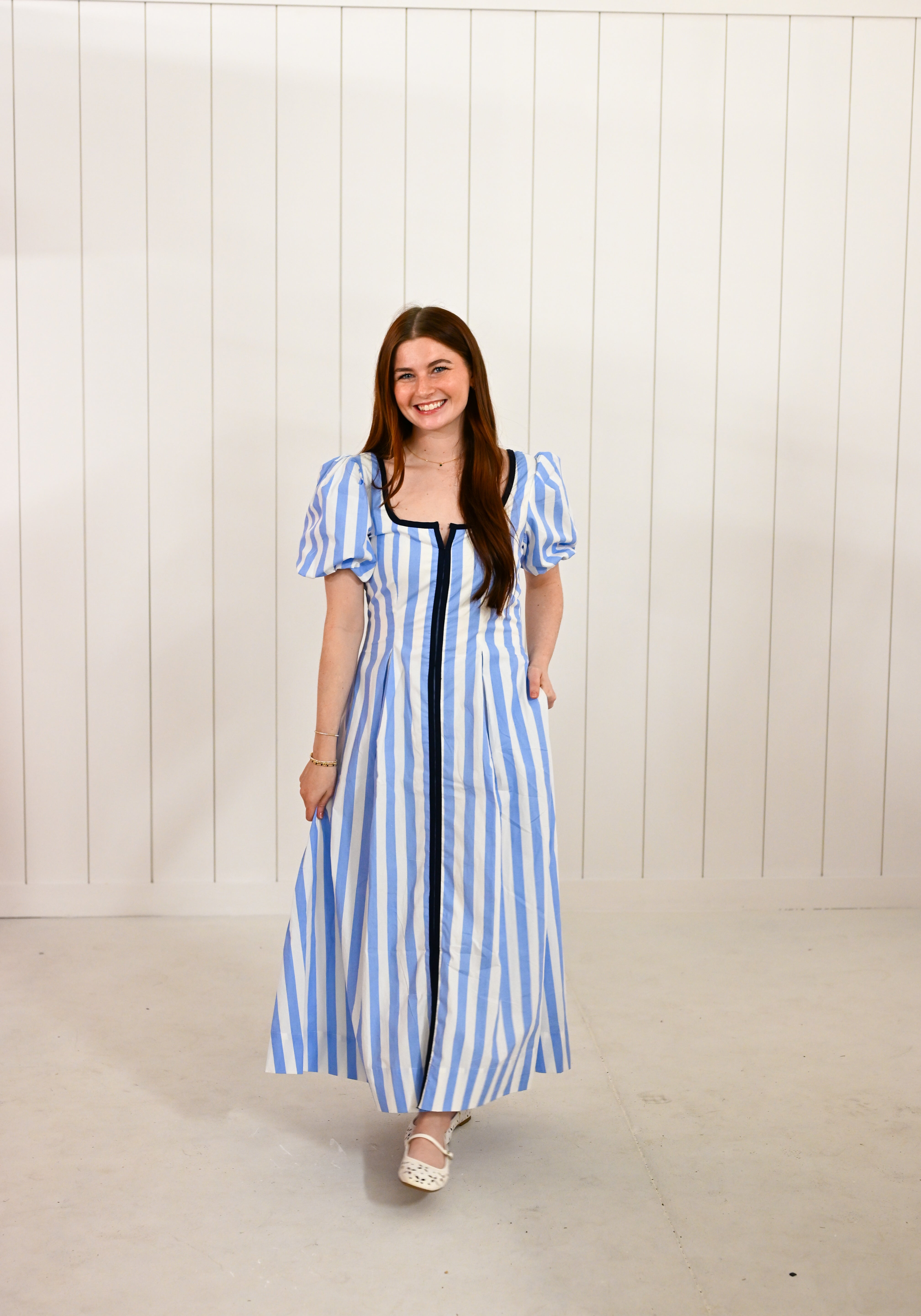 Blue Striped Square Neck Midi Dress