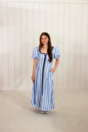 Blue Striped Square Neck Midi Dress