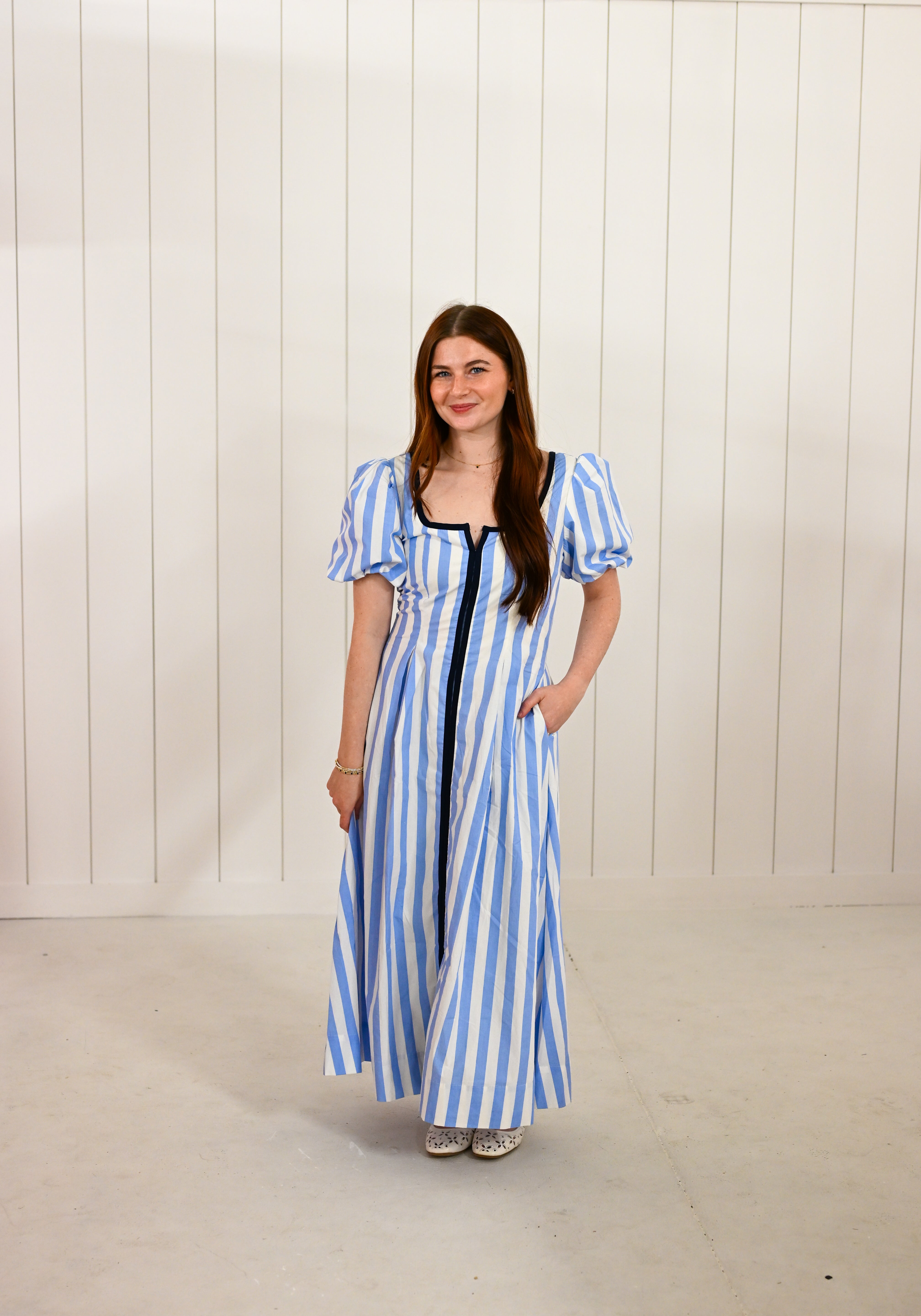 Blue Striped Square Neck Midi Dress