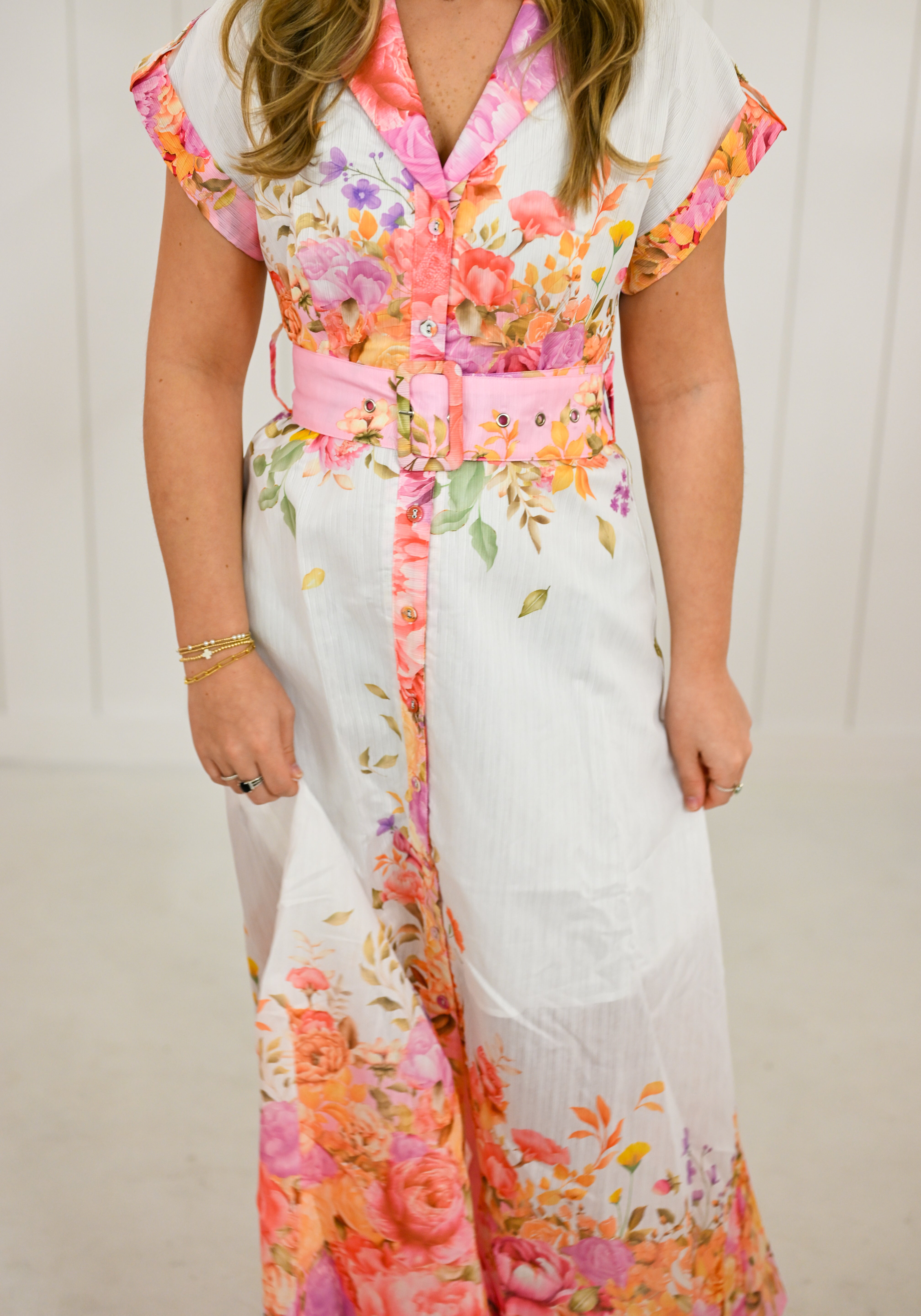 Pink Floral Collar Button Down Maxi Dress