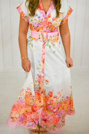 Pink Floral Collar Button Down Maxi Dress