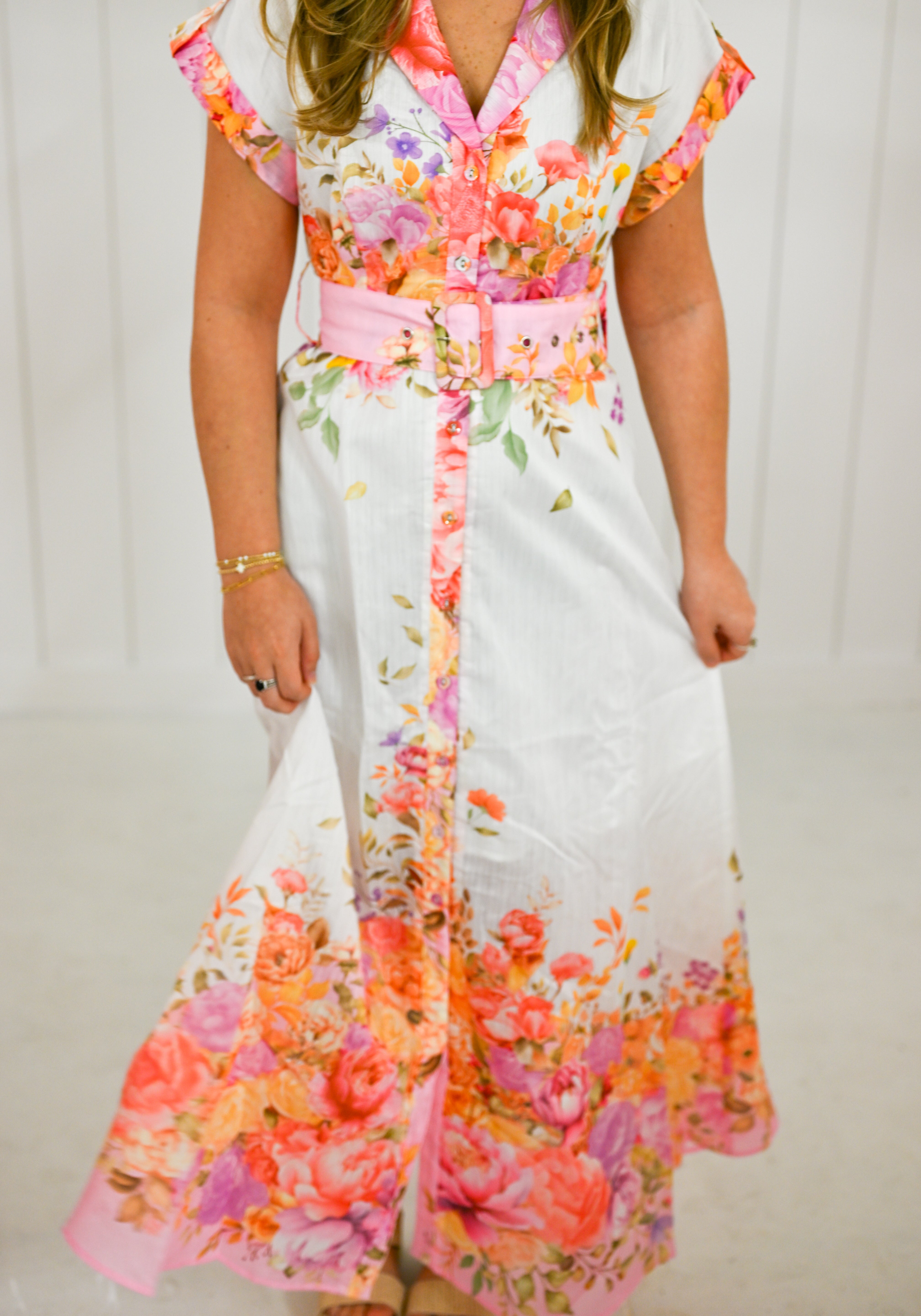 Pink Floral Collar Button Down Maxi Dress