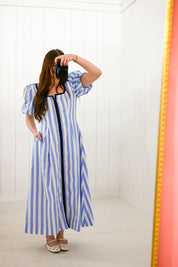 Blue Striped Square Neck Midi Dress