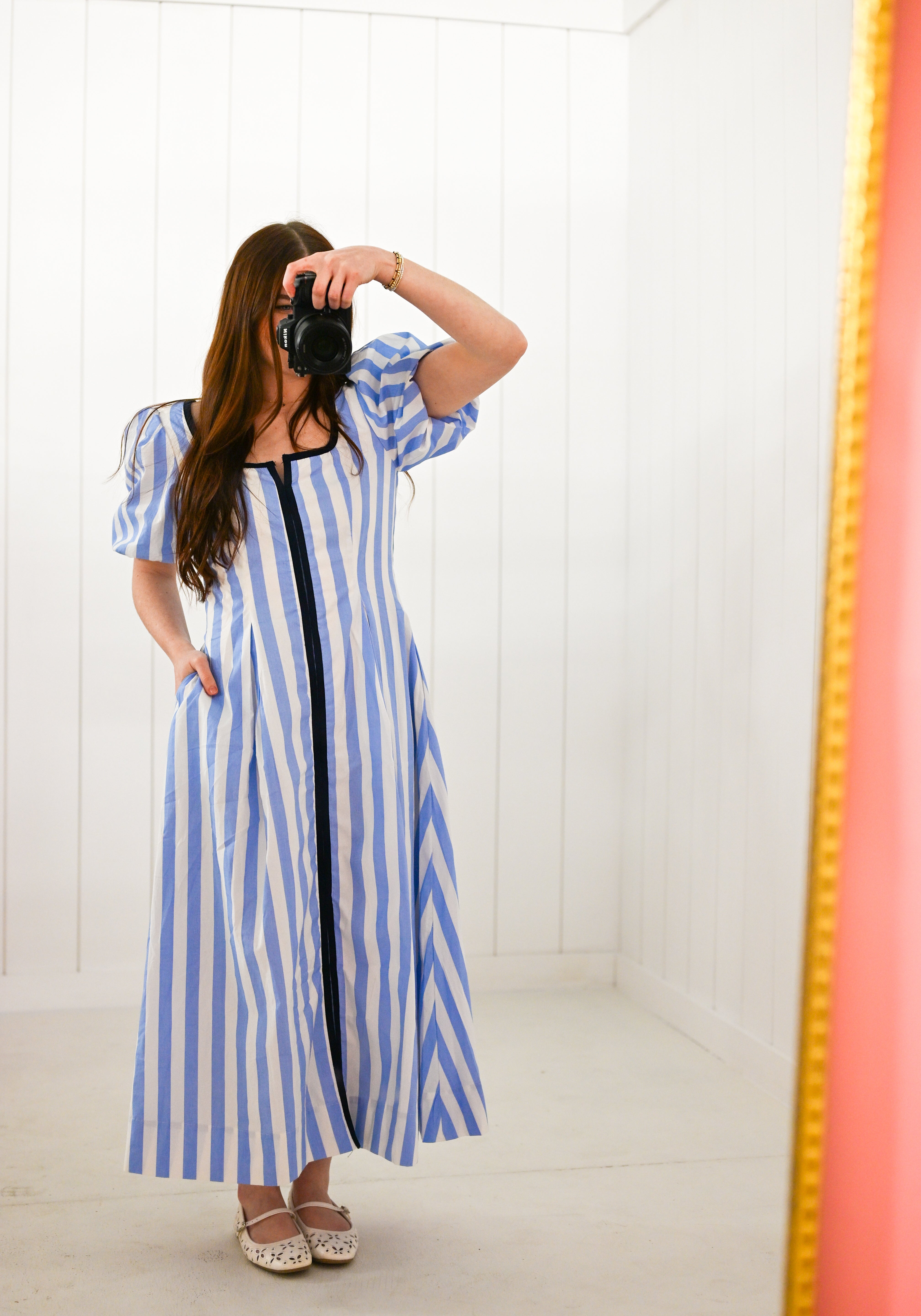 Blue Striped Square Neck Midi Dress