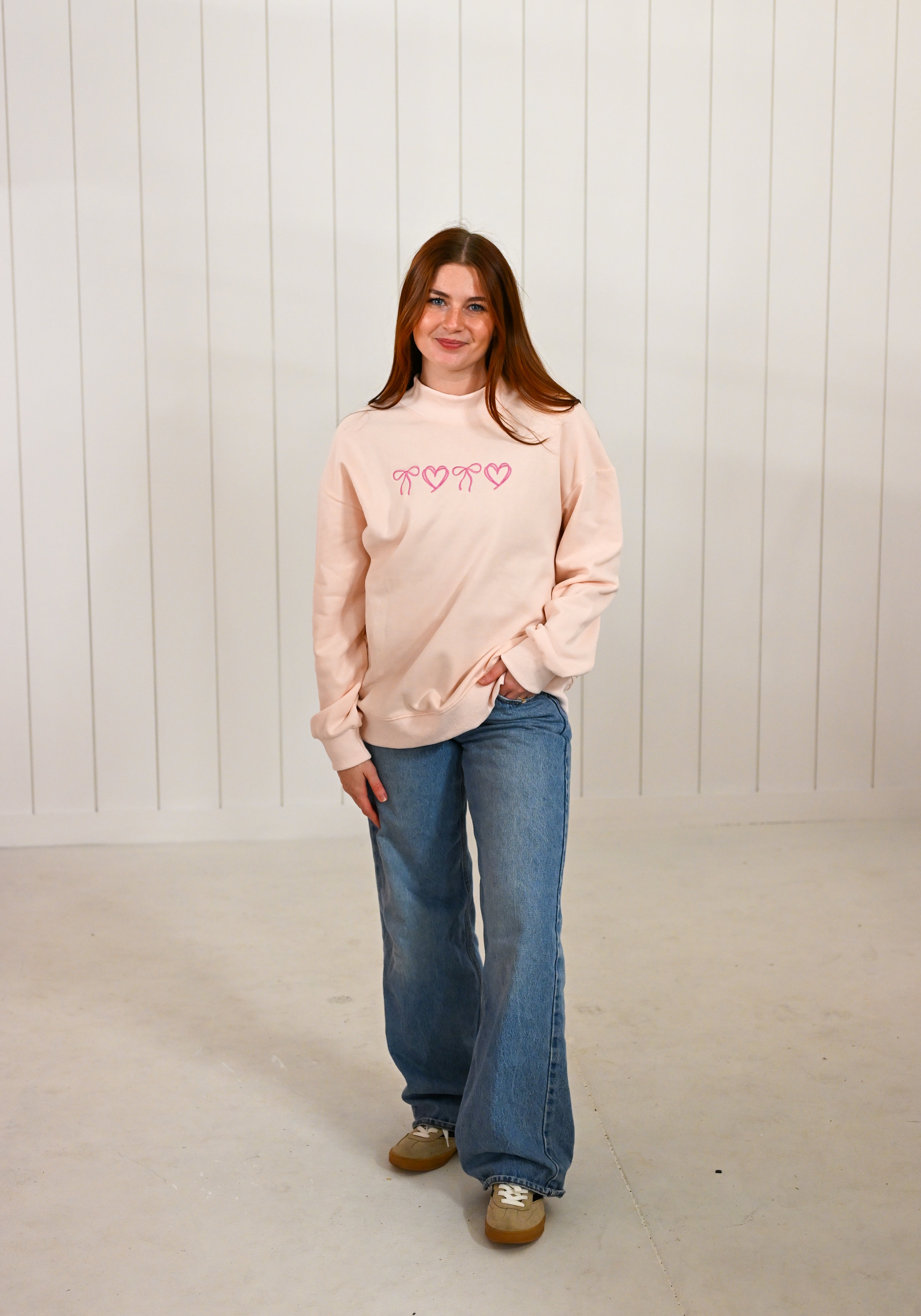 Pink Bow Heart Embroidered Mock Neck