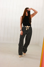 Cream Polka Dot on Black Barrel Pants