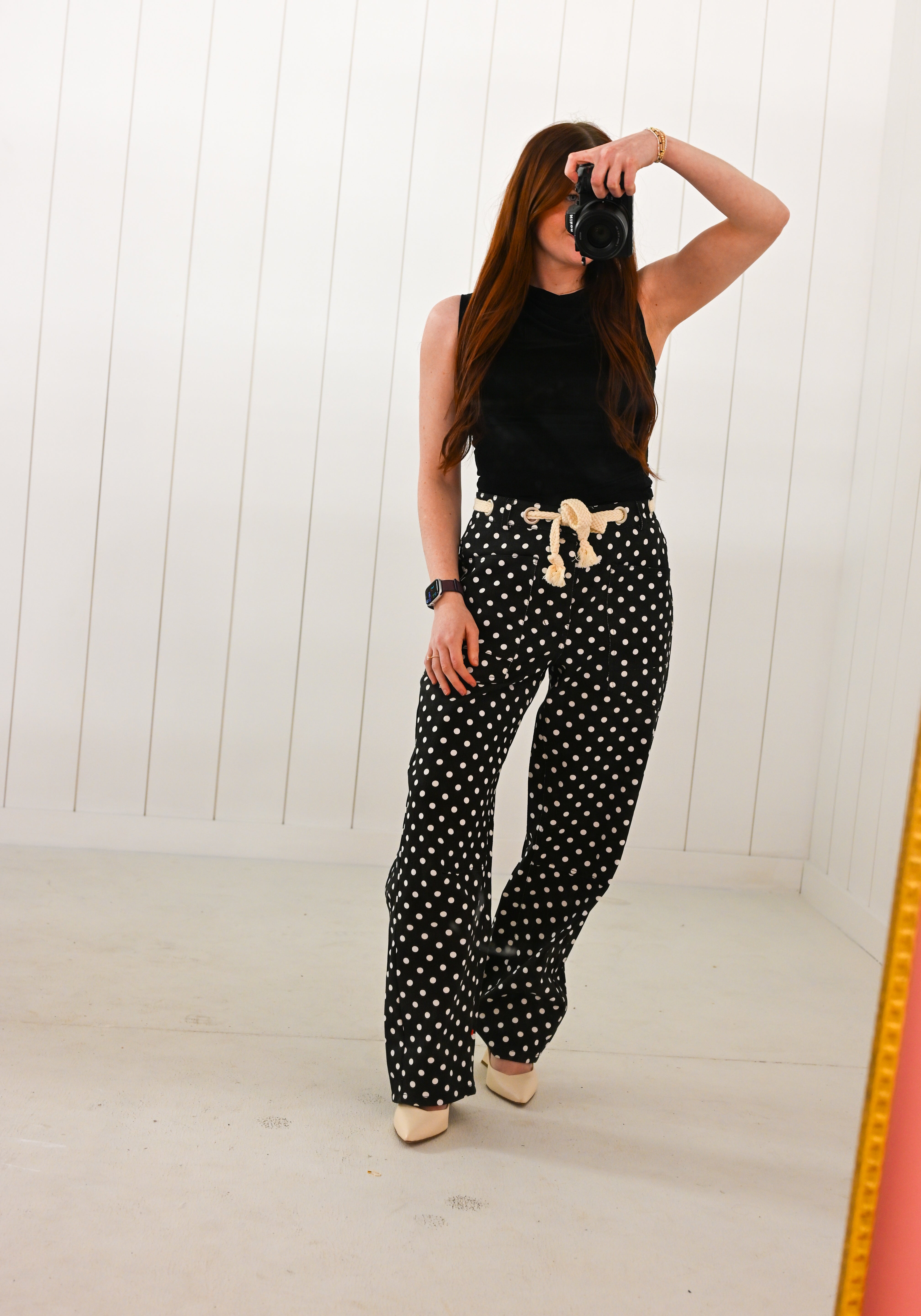 Cream Polka Dot on Black Barrel Pants