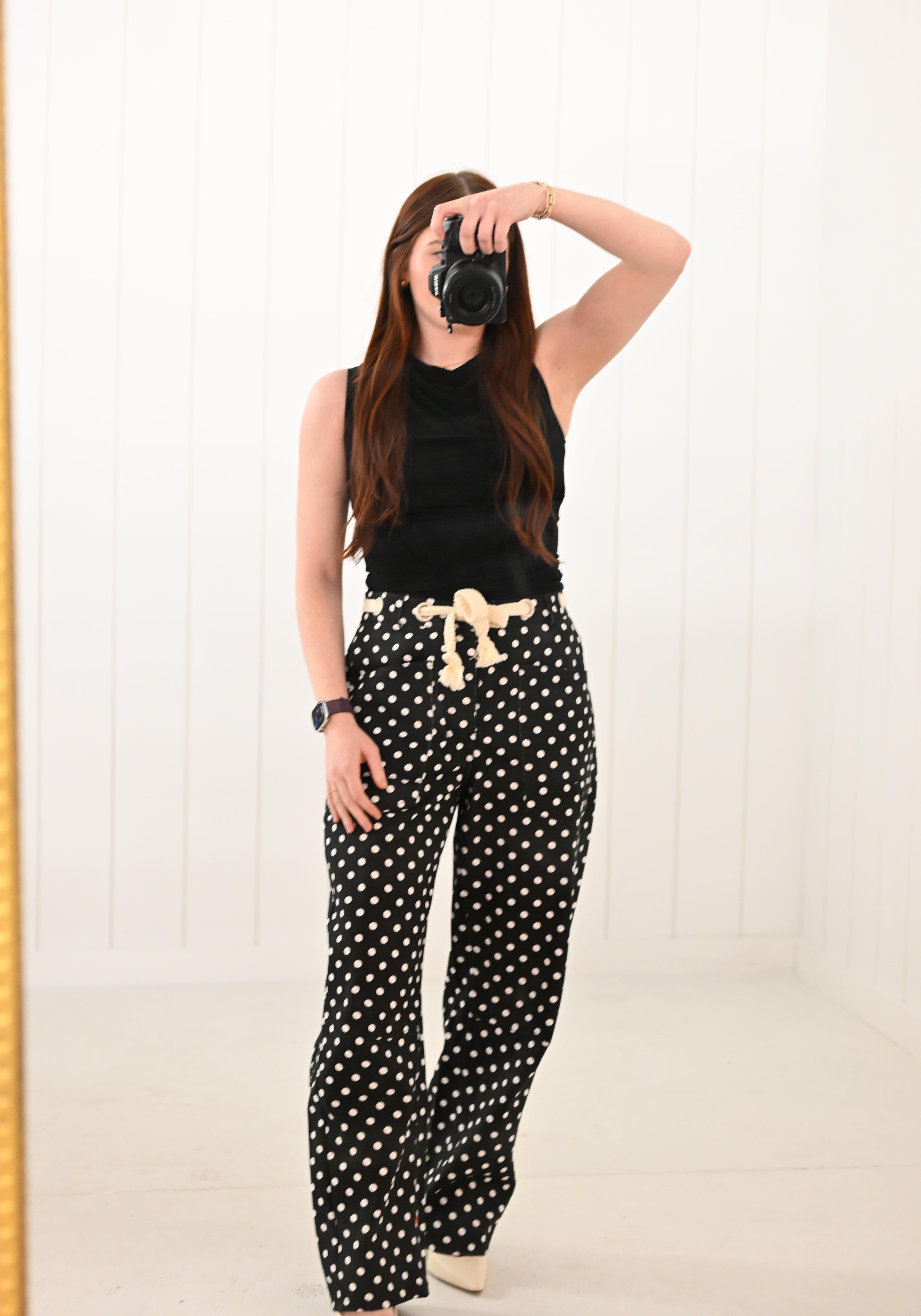 Cream Polka Dot on Black Barrel Pants