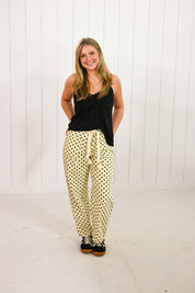 Black Polka Dot on Cream Barrel Pants