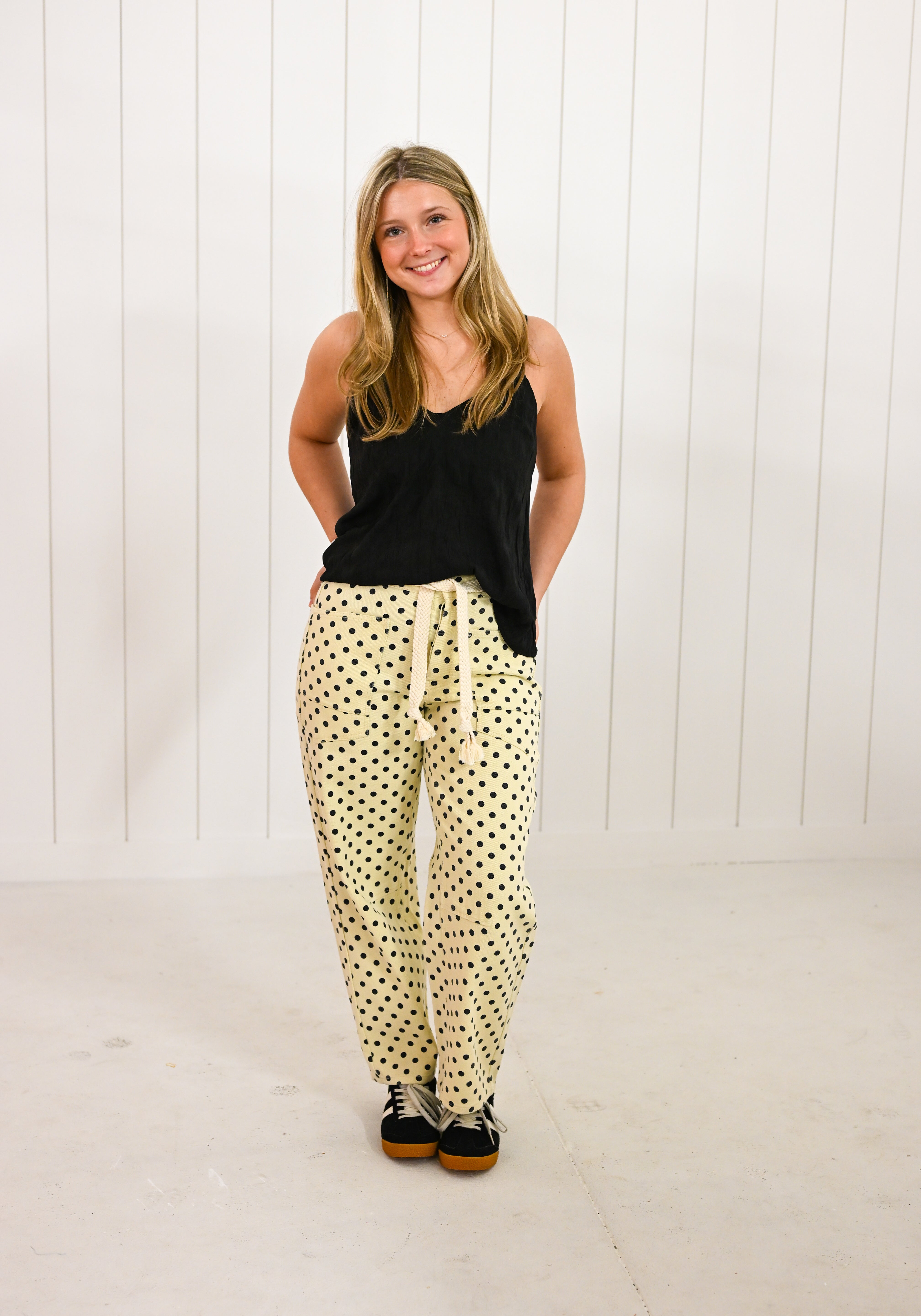 Black Polka Dot on Cream Barrel Pants