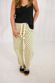 Black Polka Dot on Cream Barrel Pants