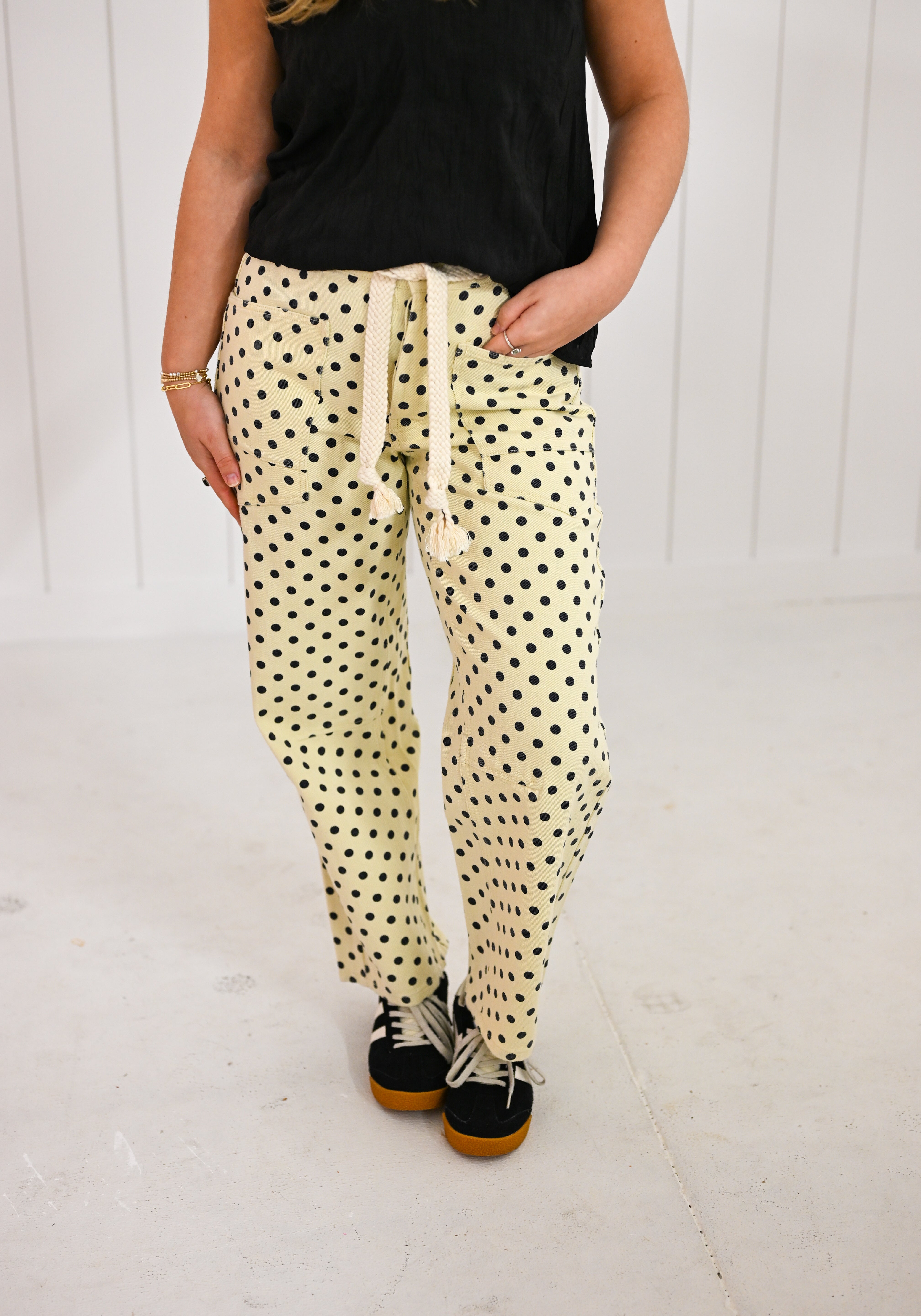 Black Polka Dot on Cream Barrel Pants