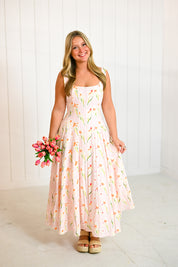 Pink Floral Square Neck Midi Dress