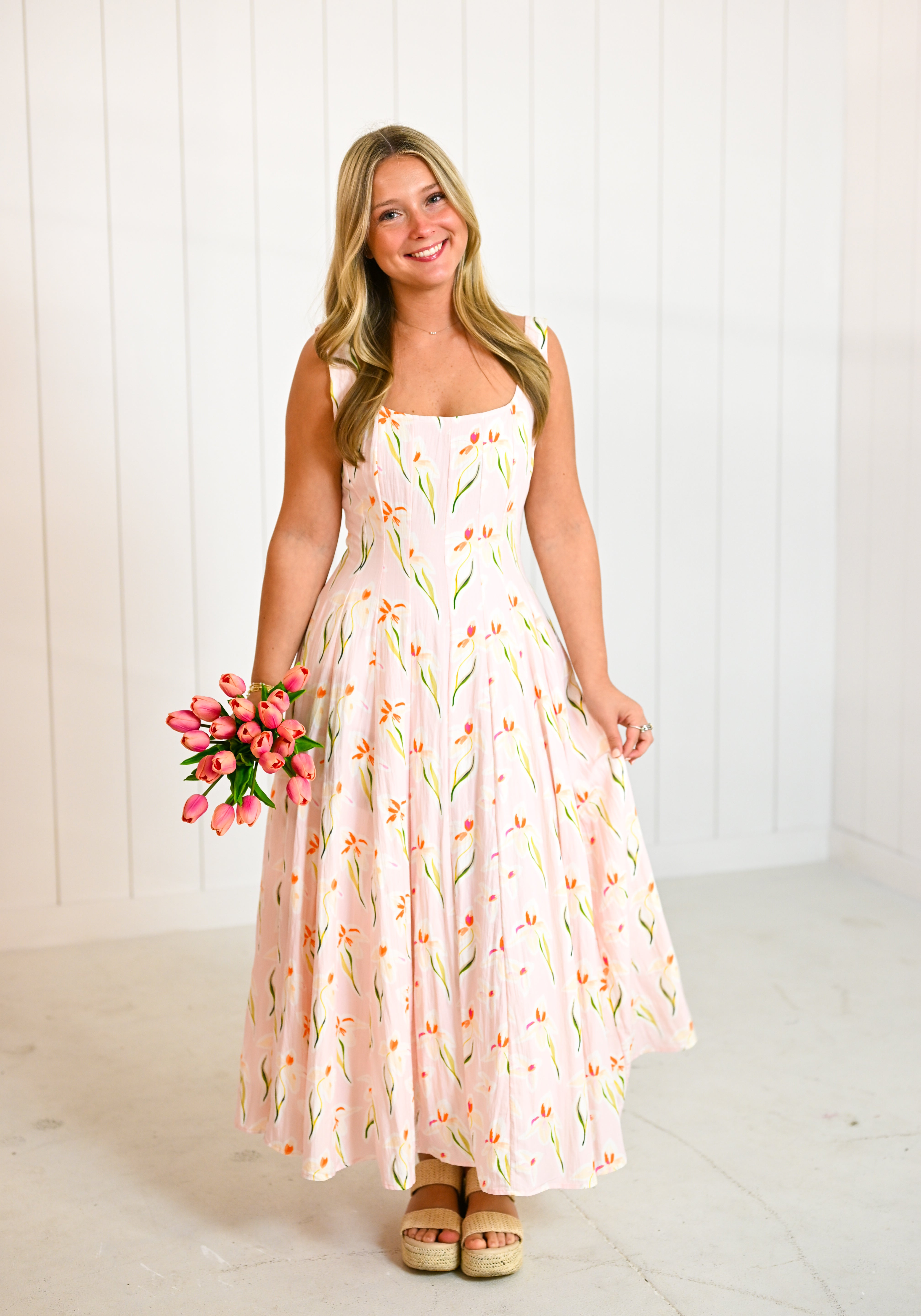 Pink Floral Square Neck Midi Dress