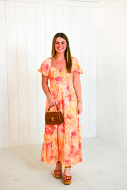 Coral Floral Print Tiered Sweetheart Maxi