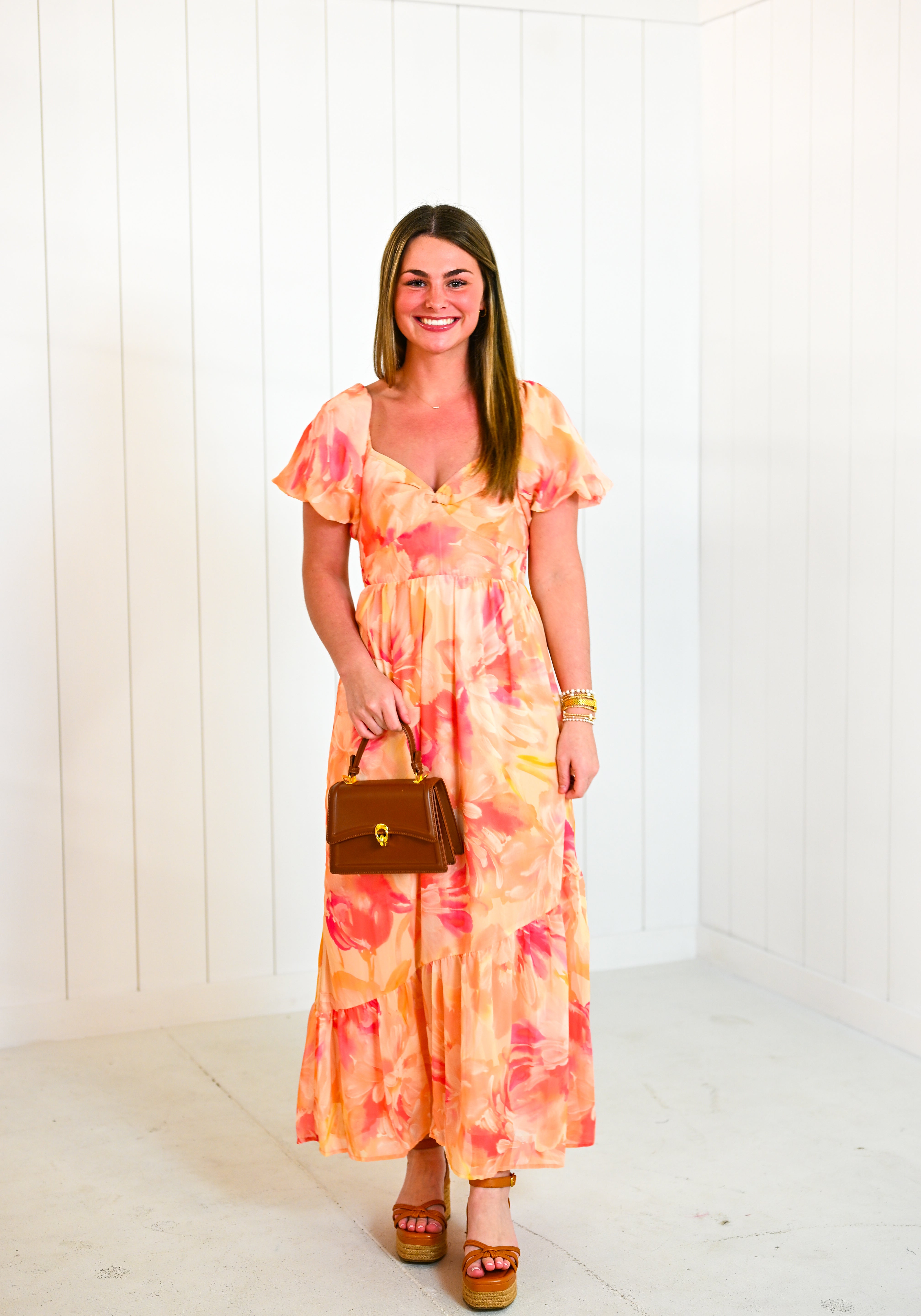 Coral Floral Print Tiered Sweetheart Maxi