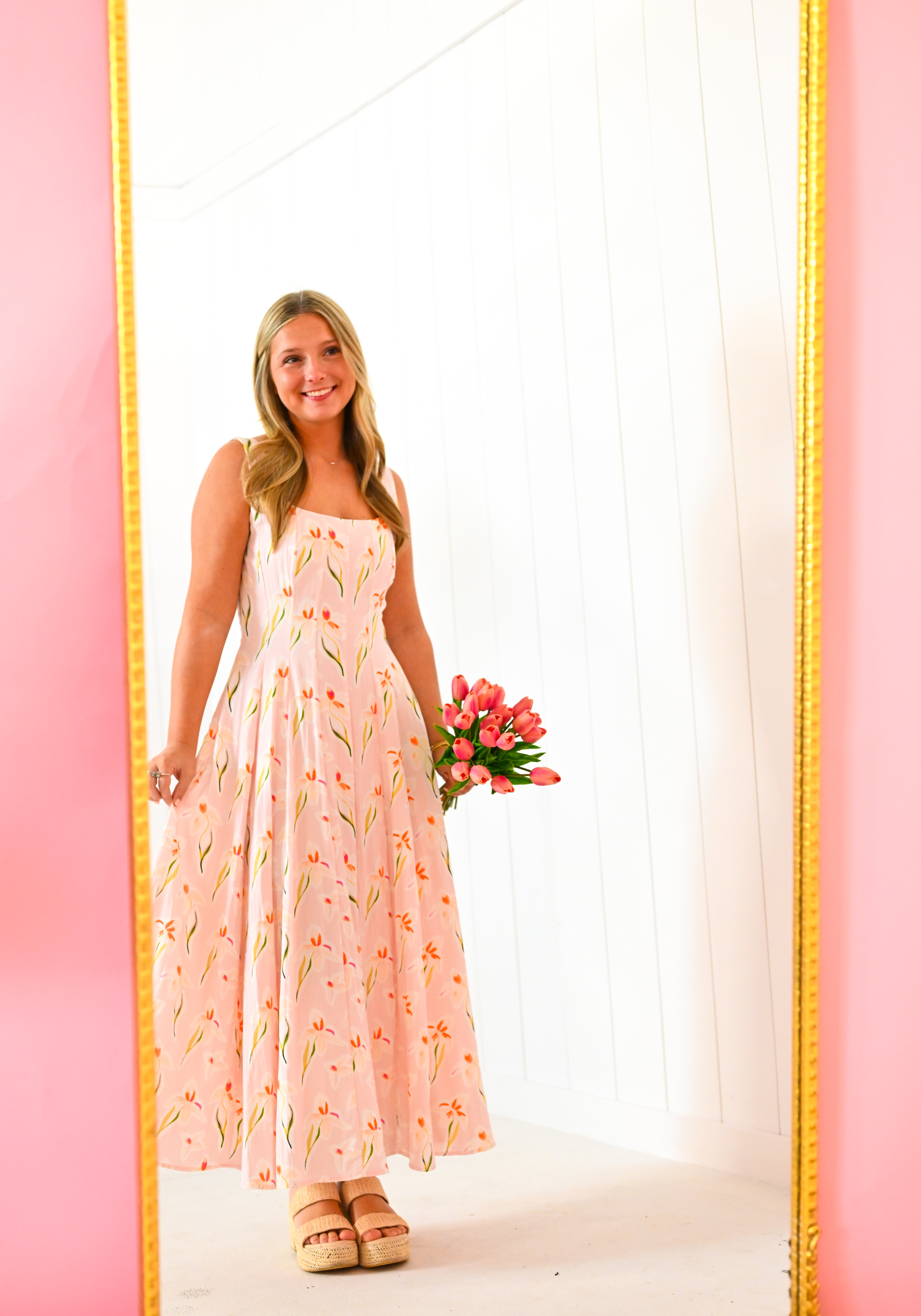 Pink Floral Square Neck Midi Dress