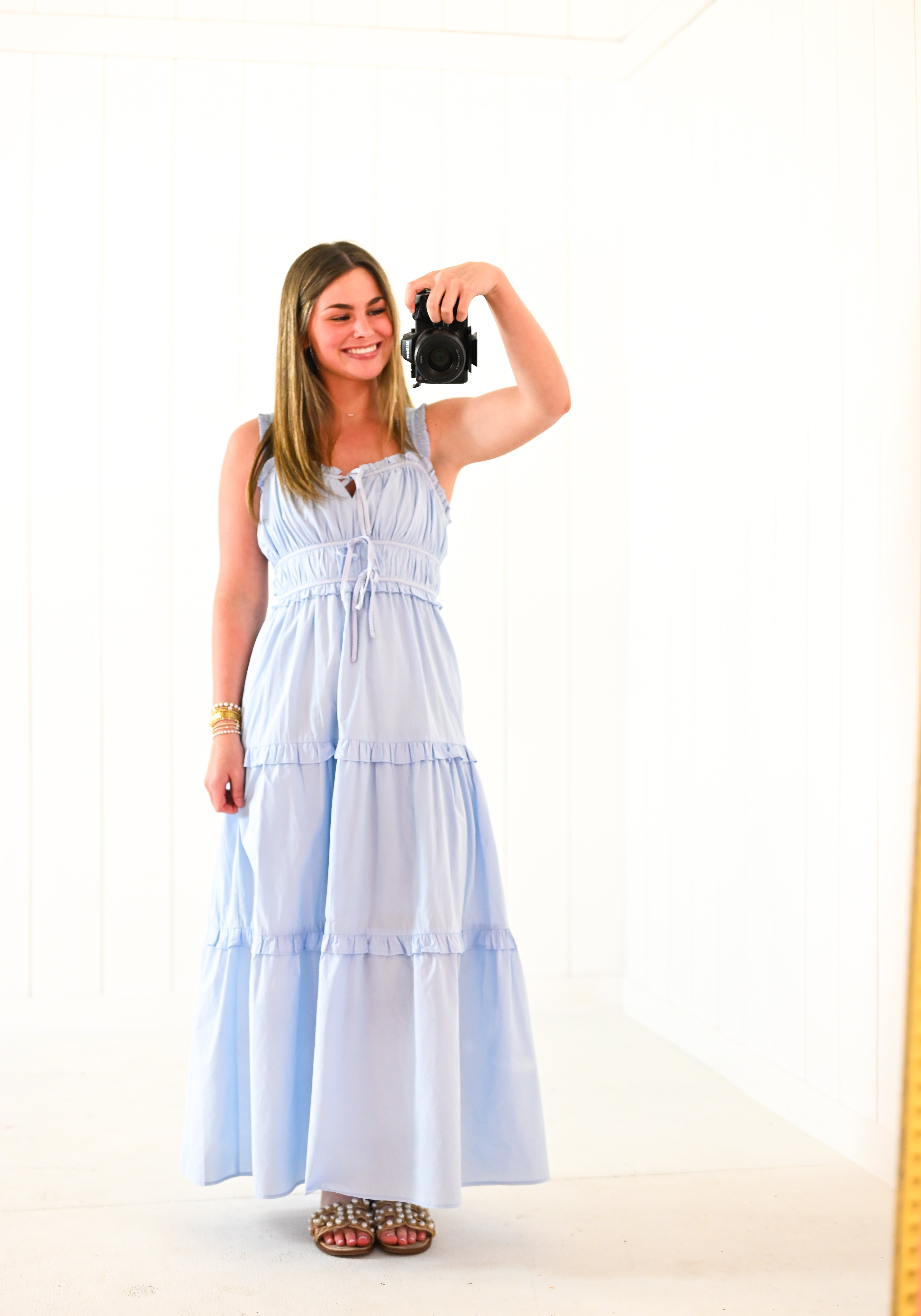Blue Cotton Ruffle Tiered Midi Dress