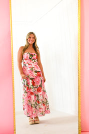 Pink Floral Strapless Maxi