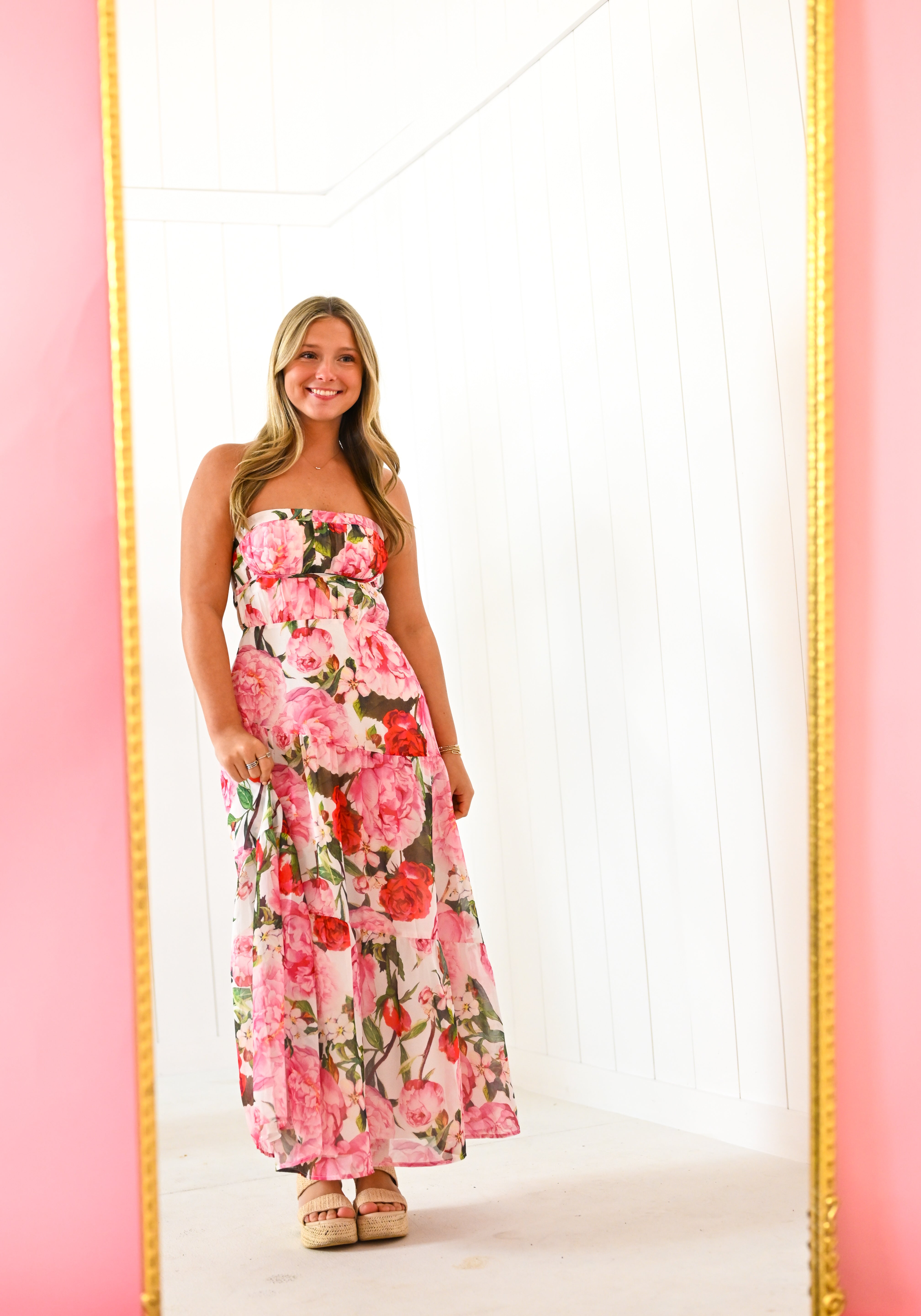 Pink Floral Strapless Maxi