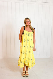 Yellow Embroidered Floral Midi Dress