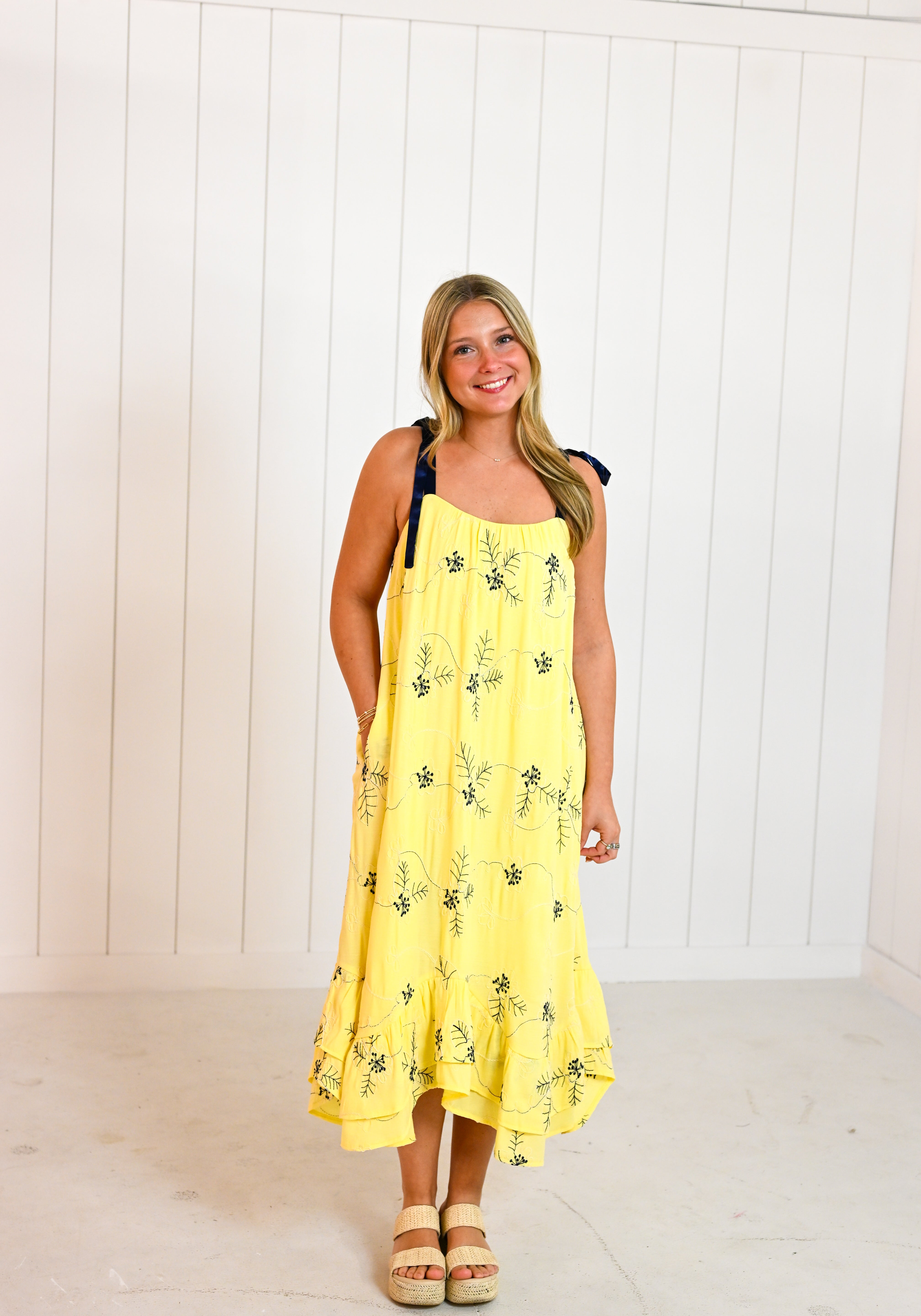 Yellow Embroidered Floral Midi Dress