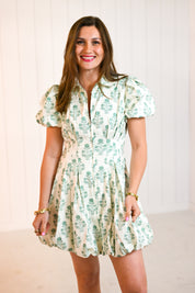 Green Floral Bubble Mini Dress