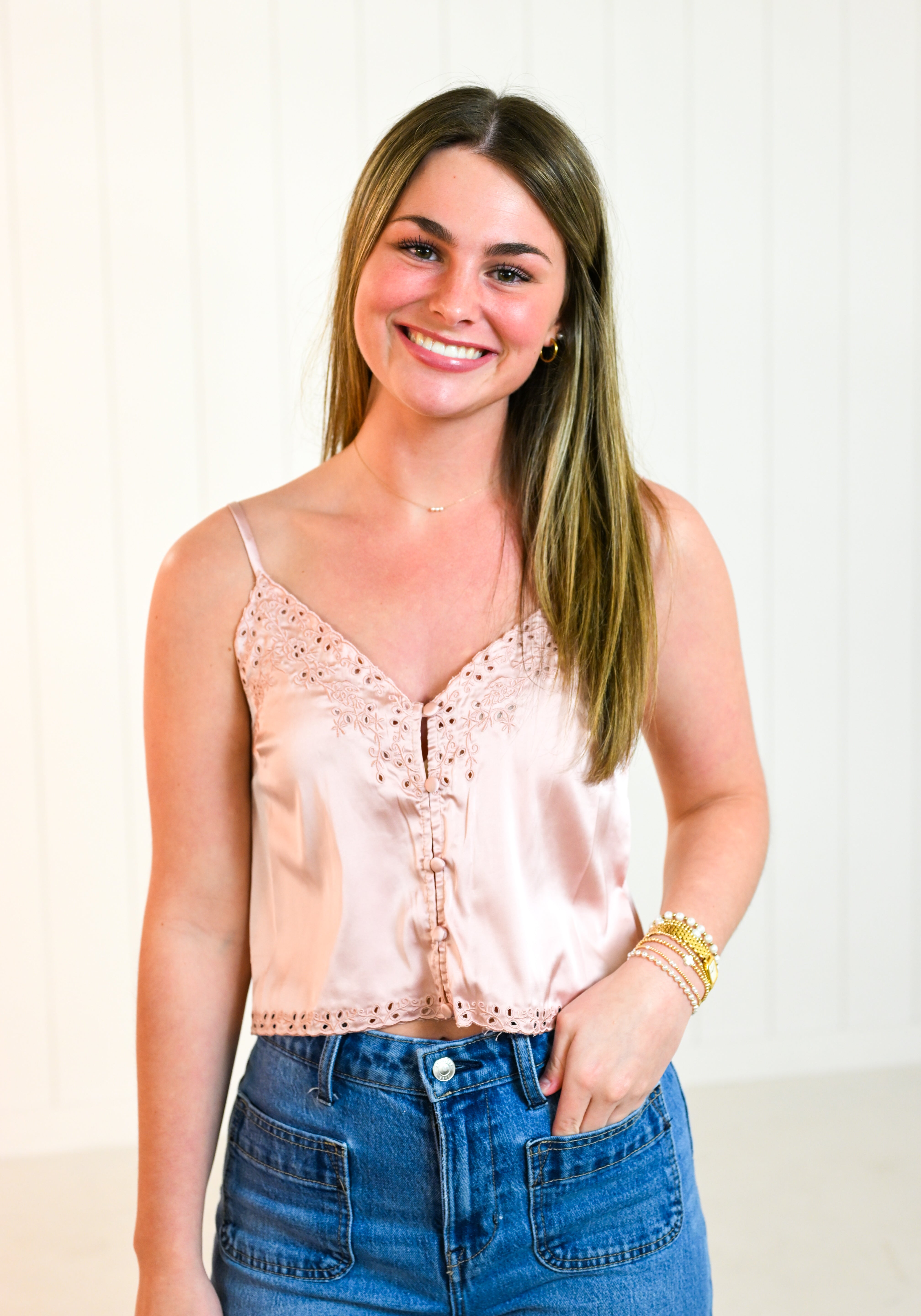 Pink Satin Embroidered V-Neck Top